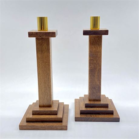 Pair of Square Stacked Wooden Candlestick Holders
