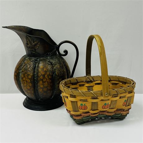 Unique Metal Pumpkin Pitcher Vase and Handled Basket