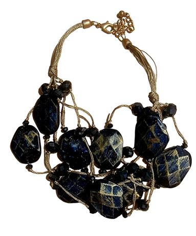 Chunky dark blue gold glazed bead necklace