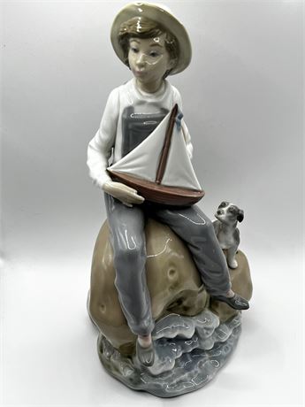 Retired Lladro Sea Fever Boy with Dog and Model Boat 5166 Figurine