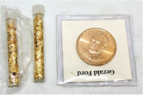 Gerald Ford dollar coin & gold flakes