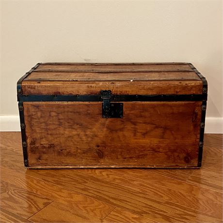 Old Solid Wood Trunk with Leather Strap Handles