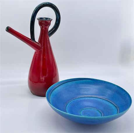 Studio Pottery Red Pitcher and Blue Swirl Bowl