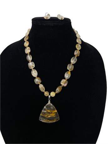Clear and Brown Polished Stone Pendant Necklace and Earrings