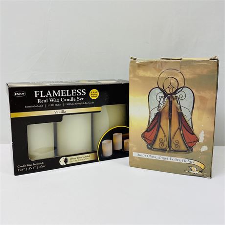 New Set of Flameless Candles and Stained Glass Angel Tealight Holder