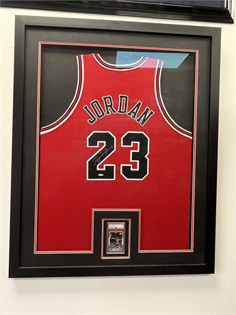 Michael Jordan Autographed Jersey and PSA 7 Rookie Card  - Framed Set