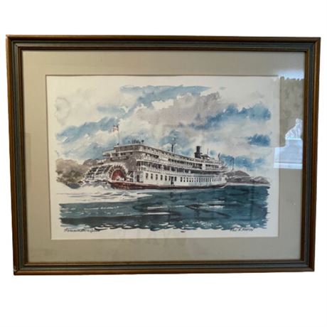 Paul N. Norton Signed "Steamboat Delta Queen" Framed Watercolor