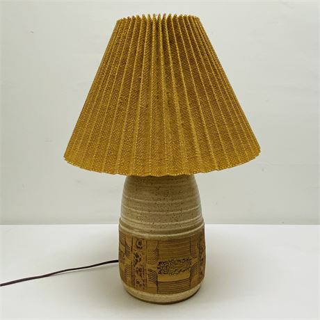 Beige and Tan Signed Pottery Lamp with Etched Design