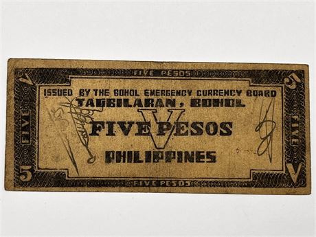 WW2 Emergency Currency Philippines 1942 Five Pesos Note