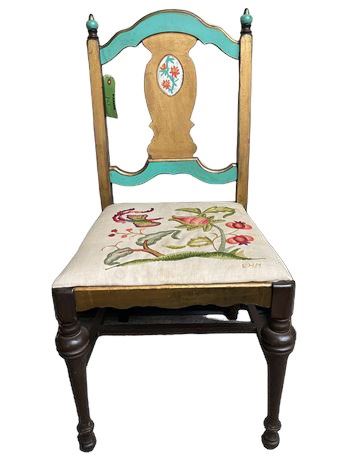 Blue and Gold Wood Chair With Bird and Flower Embroidered Seat.