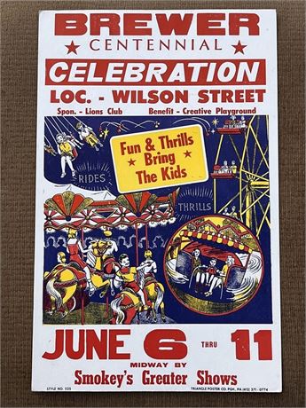 Vintage Maine Carnival Midways Fair Festival Lithograph Poster Brewer Centennial