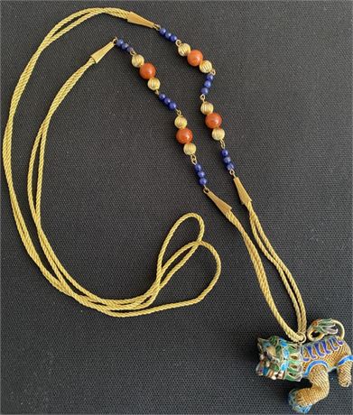 Vintage Rare Chinese Foo Dog Dragon Enamel Wire Work Gold Lapis Jasper Necklace