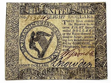 1778 Eight Dollar Continental Note U.S.A. Continental Currency CC-081 8 Dollars