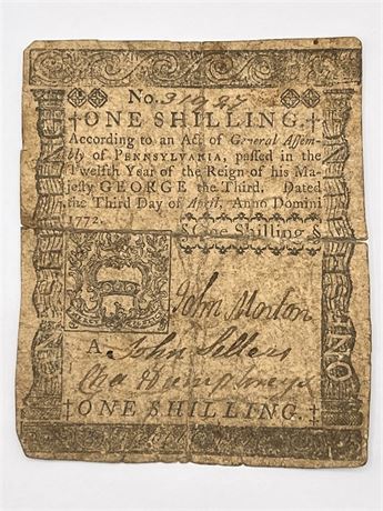 1772 Pennsylvania One Shilling Colonial Note Currency