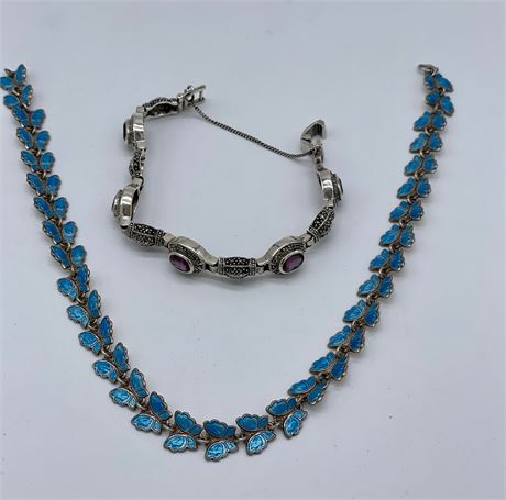 Vintage Sterling Silver Enameled Butterfly Necklace and Bracelet with Stones