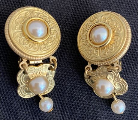 Gold Tone Pearl Accent Clip Earrings