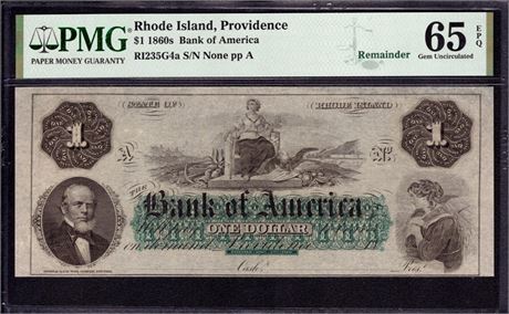1860 $1 BANK OF AMERICA PROVIDENCE RHODE ISLAND OBSOLETE REMAINDER PMG 65 EPQ