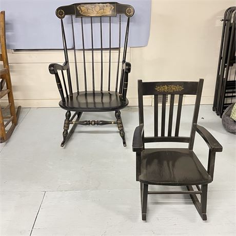 Black Lacquered Adult and Child Rocking Chairs