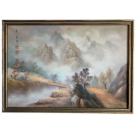 Vintage Chinese Oil Painting Mountain Landscape Signed