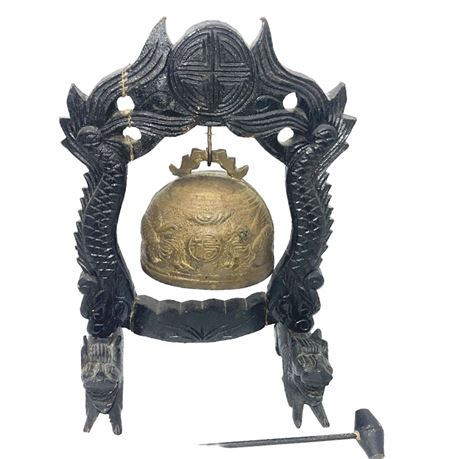 Antique Dragon Asian Hand Carved Black Wood Brass Gong Bell