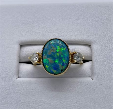 Ladies 14K Very Fine Black Opal and Diamond Ring