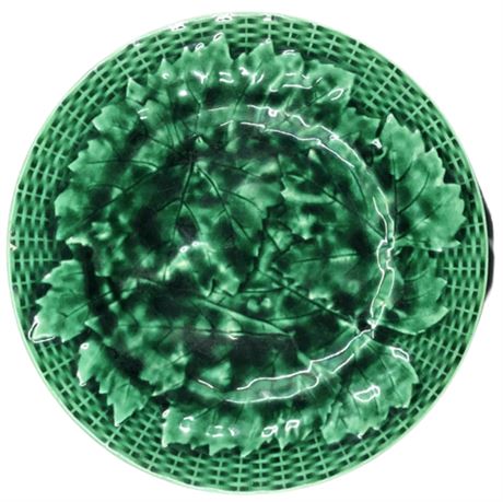 Antique Majolica Green Basket Weave and Leaves Plate