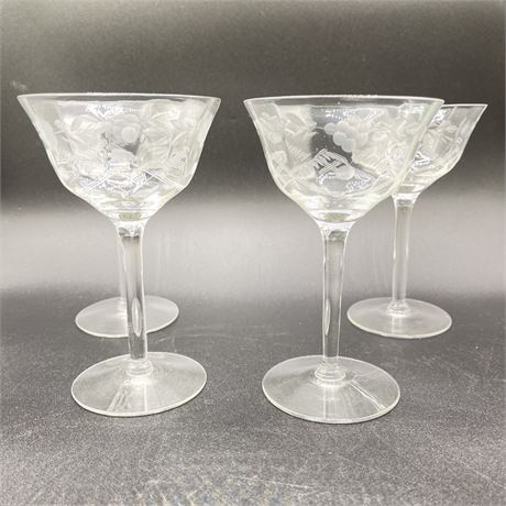Etched Crystal Champagne Coups, Set of Four