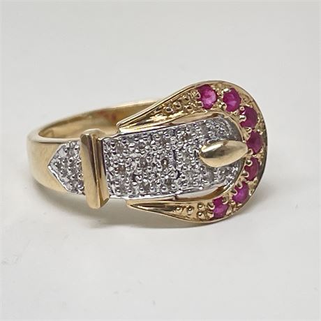 Diamond and Ruby 14K Yellow Gold Buckle Ring