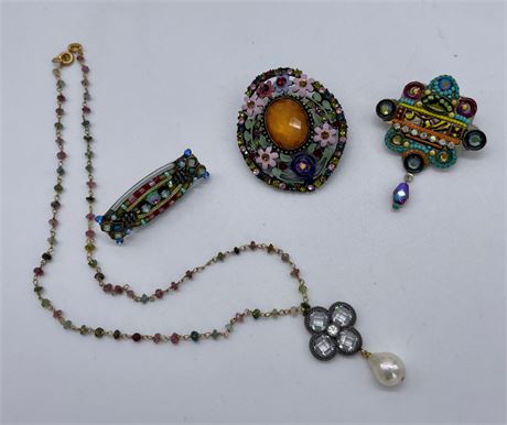 Adaya Brooch and Colored Glass Brooches and Necklace