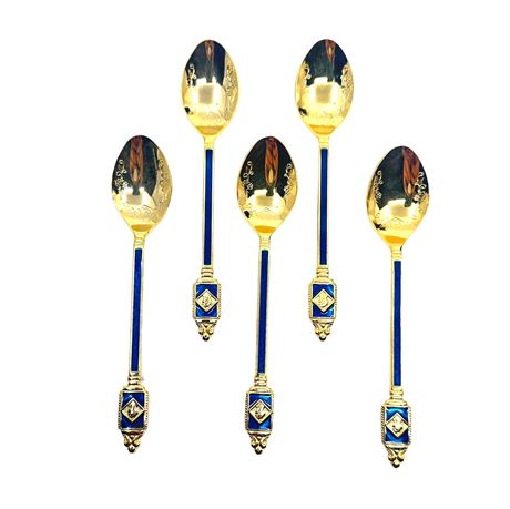 Set of Five Gold Plated and Cobalt Blue Spoons