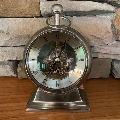 Chrome Mantel Clock with Bowed Lens and Exposed Gears