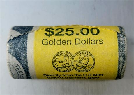 Roll of 25 Uncirculated Golden Dollars directly from the US Mint