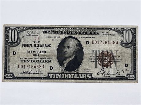 Federal Reserve Bank of Cleveland 1929 $10 Ten Dollar National Currency Note