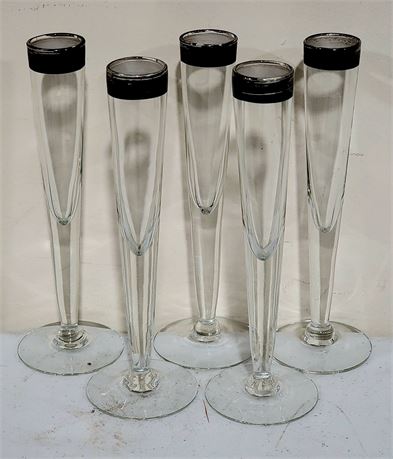 (5) Elegant silver trim tall shot or cordial glasses