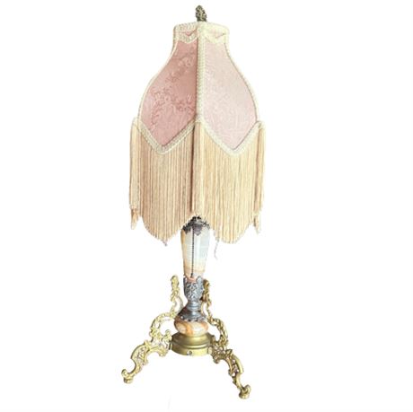 Vintage Marble and Brass Lamp with Pink Hollywood Regency Pink Fringe Shade