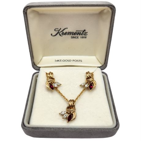 Krementz 14K Gold Earring & Necklace Set with Red Stones