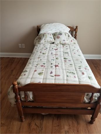 Twin Size Wood Bed Frame Mattress, Box Spring , Quilt , Pillows and Dust Ruffle