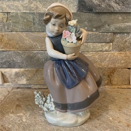 1984 Lladro "Spring is Here" Girl Holding Flower Pot Figurine - 6 3/4"T