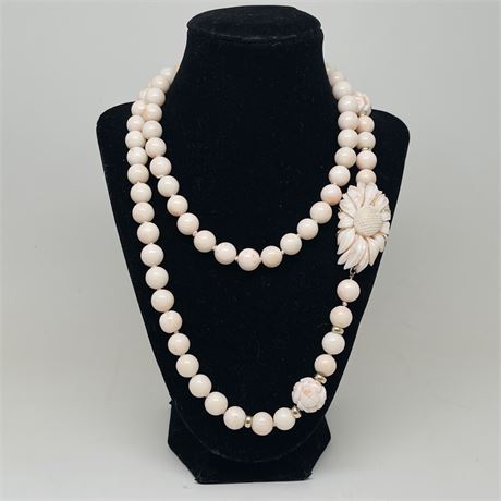 Pink Jade Carved Chrysanthemum and 11mm Bead Necklace