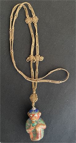 Vintage Les Bernard Cloisonne Monkey on Macrame Asian Style Necklace