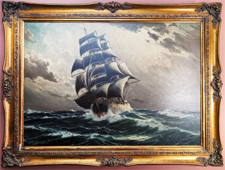 Walter Dettmann Painting, "Sailing Ship", Oil on Canvas, Signed