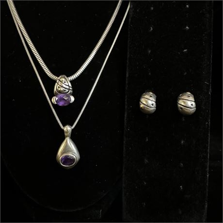Stainless Steel Necklace Set of 2 with Purple Gems and Matching Earrings