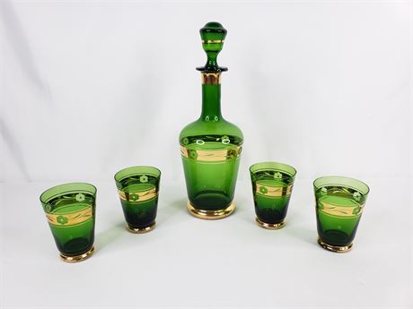 Green Glass Decanter w/ Gold Trim & 4 Glasses