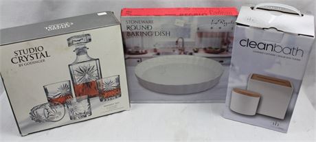 Studio Crystal Decanter & Tumbler Set, Round Baking Dish, and Clean Bath
