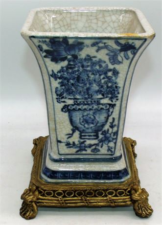 Blue White  pottery  vase metal base