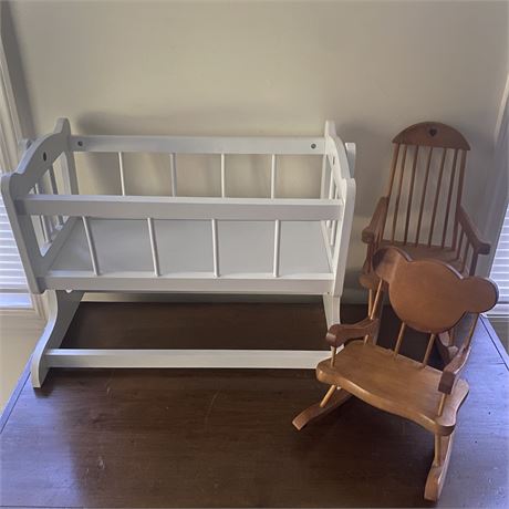 Baby Doll Furniture including Rocking Cradle and Two Rocking Chairs