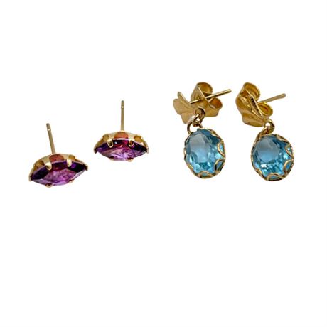 Fine Gold Amethyst and Blue Topaz Earrings