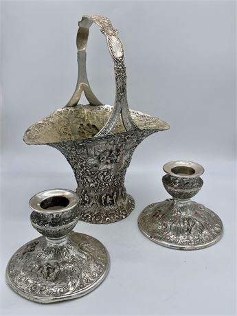 Barbour Silver Plate Co. High Relief Bride's Basket and Candlesticks