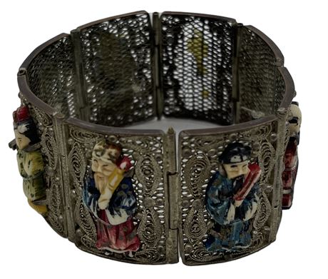 Antique Chinese Immortal Gods Silver Filigree Panel Bracelet ***Very Rare***
