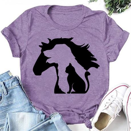 Horse, dog & cat T shirt, L, purple